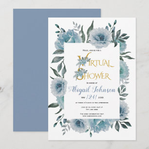 Dusty blue flowers virtual baby or bridal shower  invitation