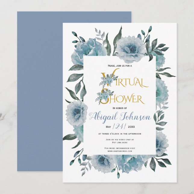 Dusty blue flowers virtual baby or bridal shower  invitation (Front/Back)