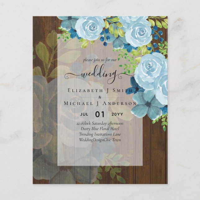 DUSTY BLUE FLOWERS WEDDING INVITES - BUDGET FLYER (Front)