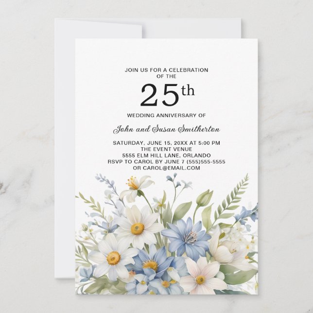 Dusty Blue Flowers White Daisies 25th Anniversary Invitation (Front)