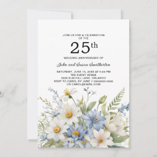 Dusty Blue Flowers White Daisies 25th Anniversary Invitation