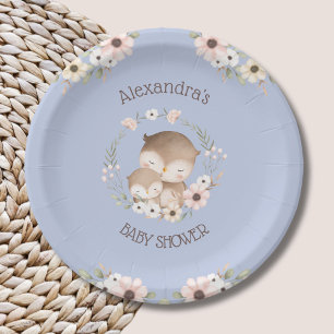 Dusty Blue Flowers Woodland Owl Baby Girl Shower Paper Plate