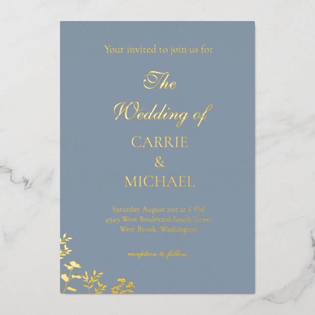 Dusty Blue Foil Wedding Invitation (Front)