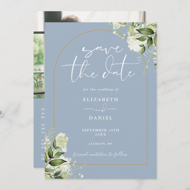 Dusty Blue Foliage Gold Arch Photo QR Code Wedding Save The Date (Front/Back)