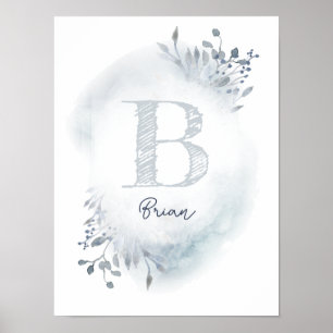 dusty blue foliage initial baby boy name poster