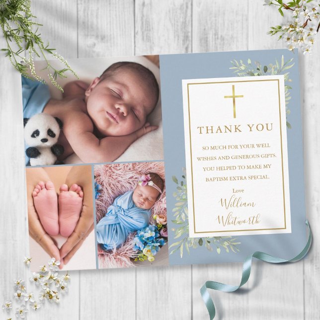 Dusty Blue Foliage Photo Collage Baptism Thank You Postcard (Dusty Blue Foliage Photo Collage Baptism Thank You Postcard)