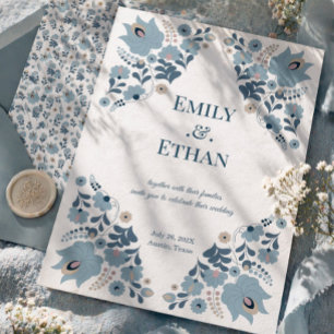 Dusty Blue Folk Floral Wedding Invitation