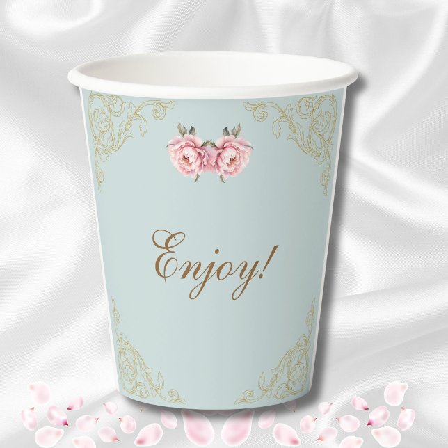 Dusty Blue Foral Peony Vintage Bridal Shower Paper Cups (Creator Uploaded)