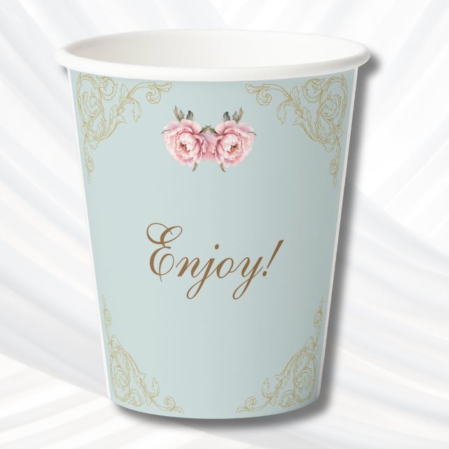 Dusty Blue Foral Rococo Peony Baby Shower Paper Cups (Creator Uploaded)
