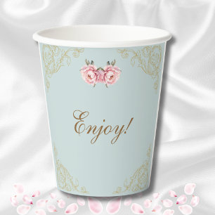 Dusty Blue Foral Rococo Peony Bridal Shower Paper Cups
