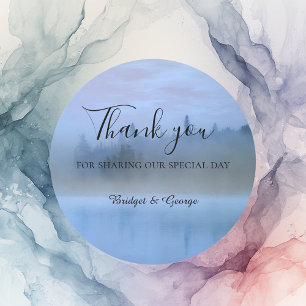 dusty blue forest landscape wedding classic round sticker