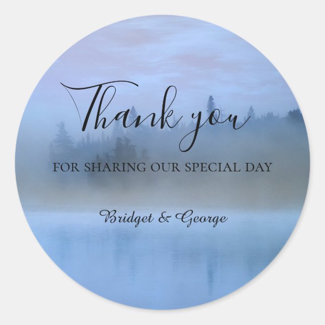 dusty blue forest landscape wedding classic round sticker (Front)