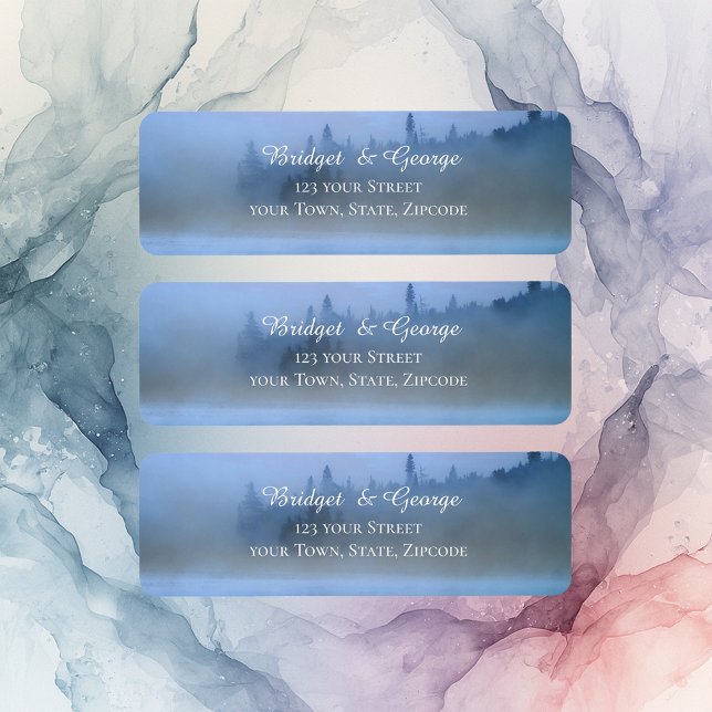dusty blue forest landscape wedding return address label (Creator Uploaded)