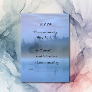 dusty blue forest landscape wedding RSVP card