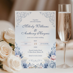 Dusty Blue French Garden Floral Wedding Invitation