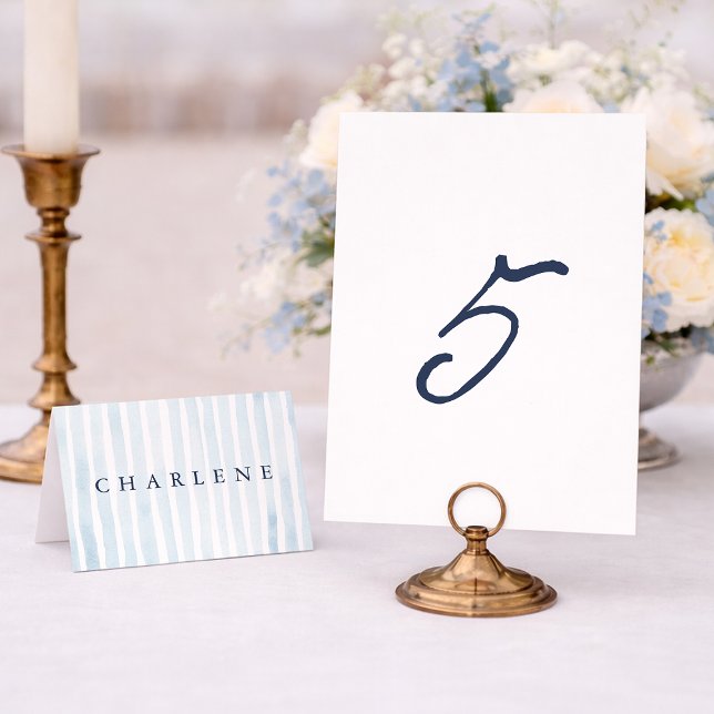 Dusty Blue French Stripe Wedding Table Number 5 (Creator Uploaded)