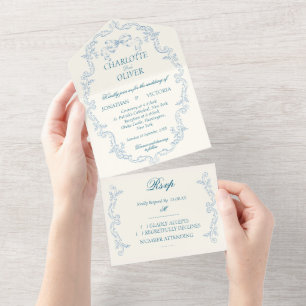 Dusty Blue French Toile All In One Wedding Invites