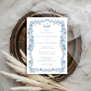Dusty Blue French Toile Floral Bow Frame Wedding Invitation