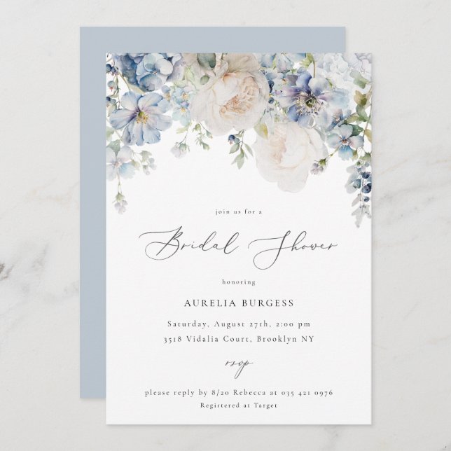 Dusty Blue Garden Floral Bridal Shower Invitation (Front/Back)