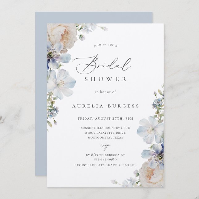 Dusty Blue Garden Floral Bridal Shower Invitation (Front/Back)