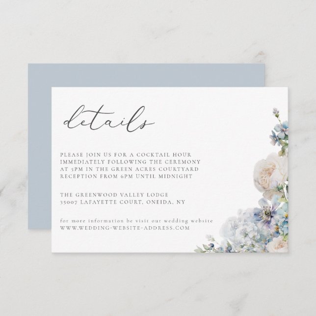 Dusty Blue Garden Floral Wedding Details Card (Front/Back)