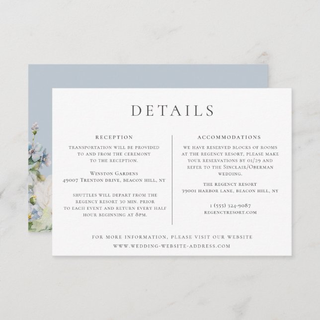 Dusty Blue Garden Floral Wedding Details Invitation (Front/Back)