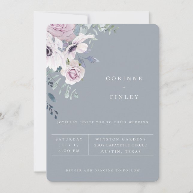 Dusty Blue Garden Floral Wedding Invitation (Front)