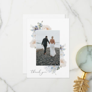 Dusty Blue Garden Floral Wedding Photo Thank You Card