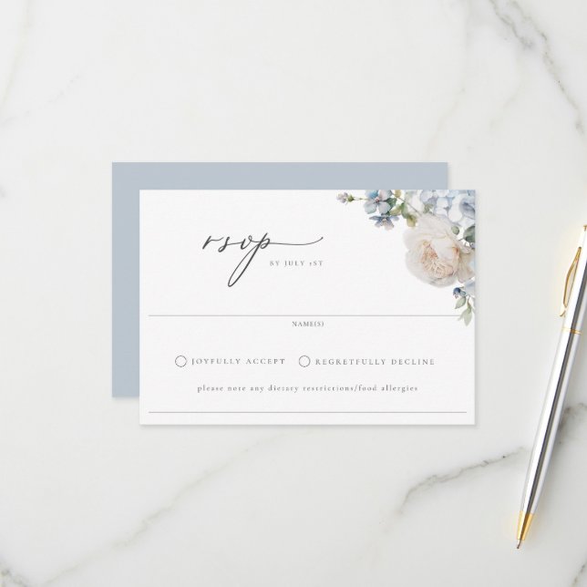 Dusty Blue Garden Floral Wedding RSVP Card (Front/Back In Situ)