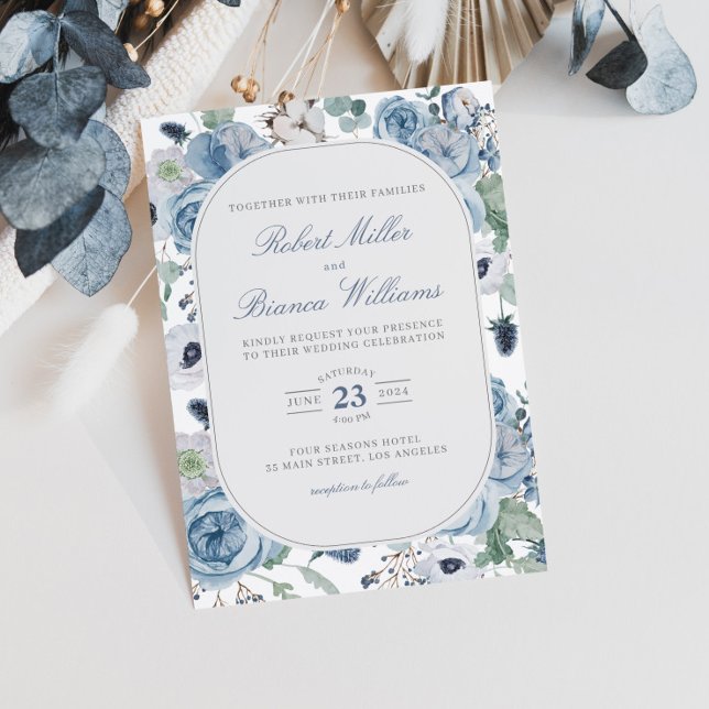 Dusty Blue Garden Roses Floral Elegant Wedding Invitation (Creator Uploaded)