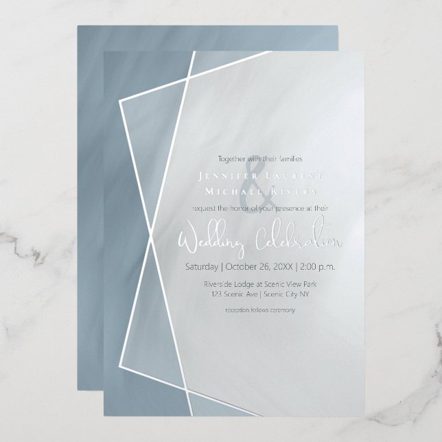 dusty blue geometric typography wedding silver (Front/Back)
