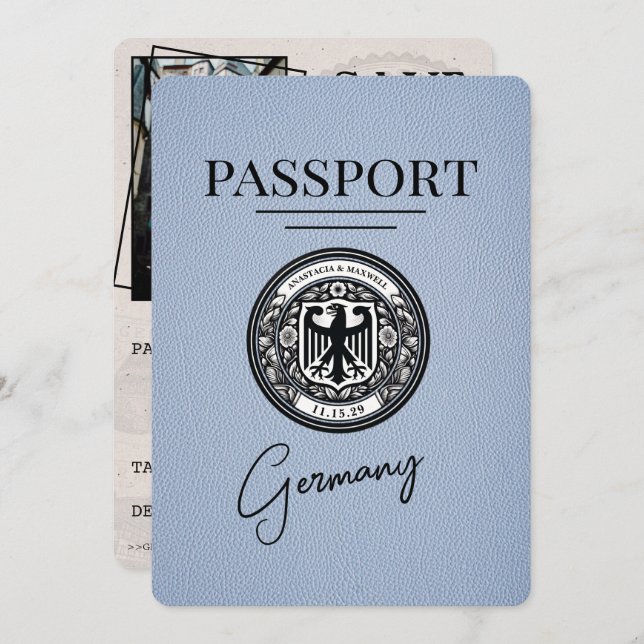 Dusty Blue Germany Passport Save The Date (Front/Back)