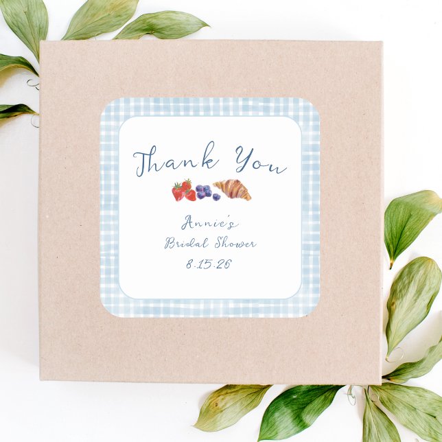 Dusty Blue Gingham Brunch Bridal Shower Thank You Square Sticker (Creator Uploaded)