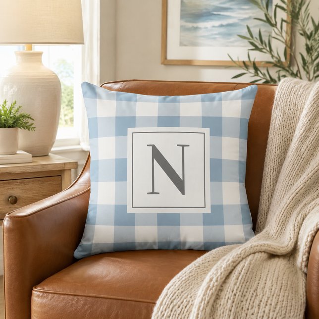 Dusty Blue Gingham Check Monogram Initial Cushion (Creator Uploaded)