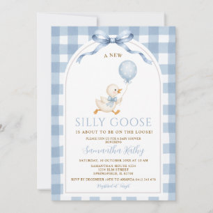 Dusty Blue Gingham New Silly Goose Bow Baby Shower Invitation