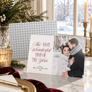 Dusty Blue Gingham Newlywed Christmas Photo Holiday Card