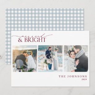 Dusty Blue Gingham Newlywed Christmas Photo Holiday Card