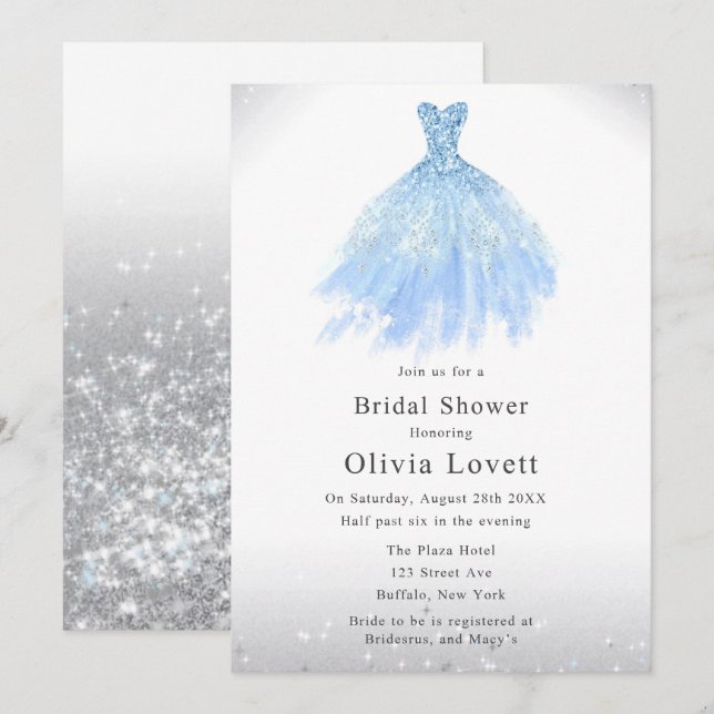Dusty Blue Glitter Bridesmaid Dress Bridal Shower Invitation (Front/Back)