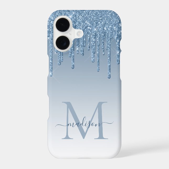 Dusty Blue Glitter Drips Sparkle Monogram Script (Back)