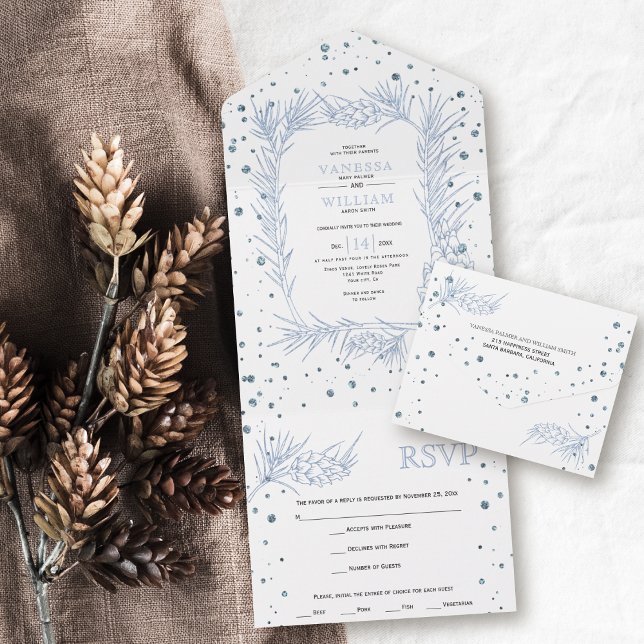 Dusty blue glitter pine, confetti winter wedding a all in one invitation (Creator Uploaded)