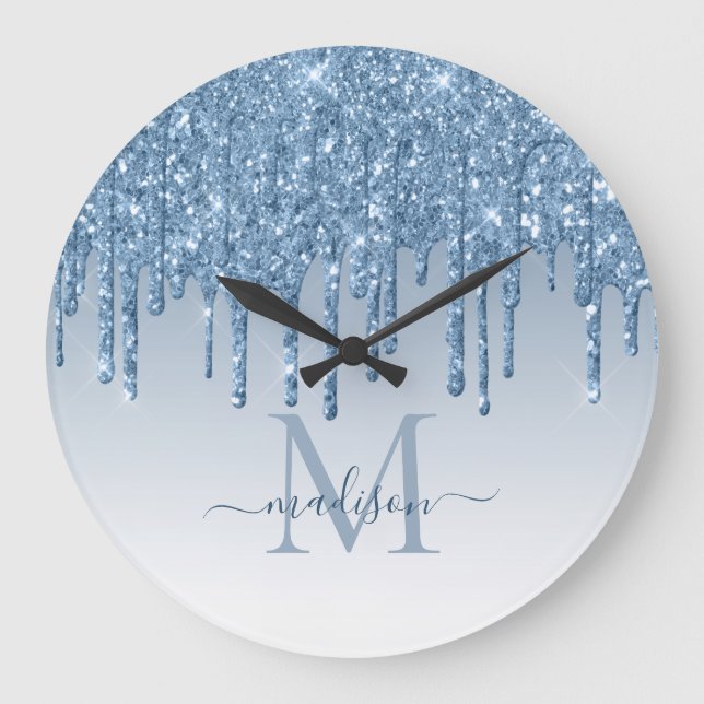 Dusty Blue Glitter Sparkle Glam Dripping Monogram Large Clock (Front)