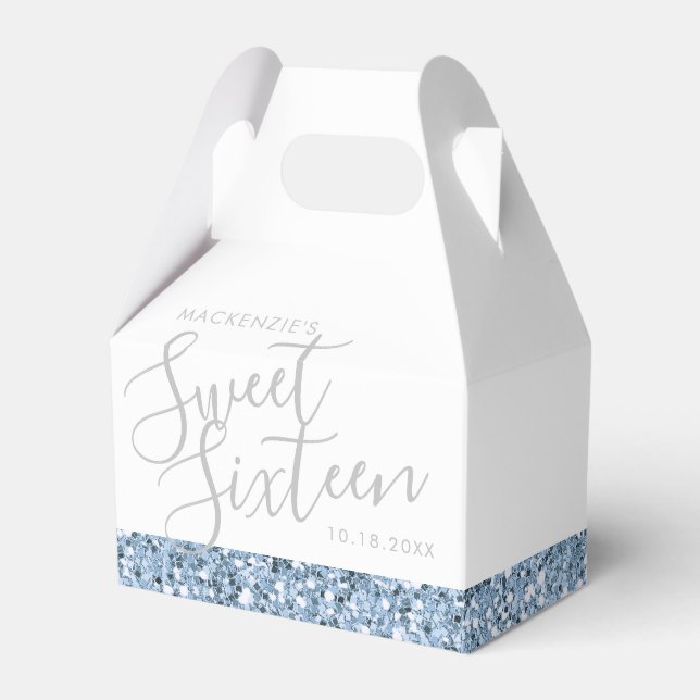 Dusty Blue Glitter Sweet 16 Personalised Favour Box (Front Side)