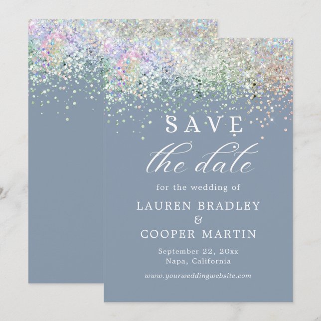Dusty Blue Glitter Wedding Save The Date (Front/Back)