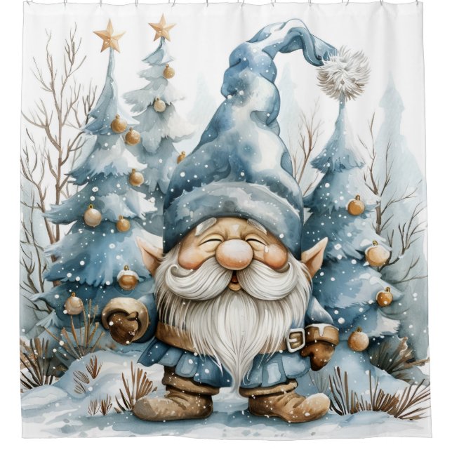 Dusty Blue Gnome and Christmas Trees Shower Curtain (Front)