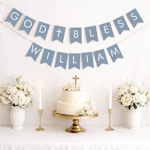 Dusty Blue God Bless 7 Letters Baptism Communion Bunting