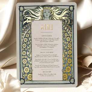 Dusty Blue Gold Art Nouveau Menu Alphonse Mucha
