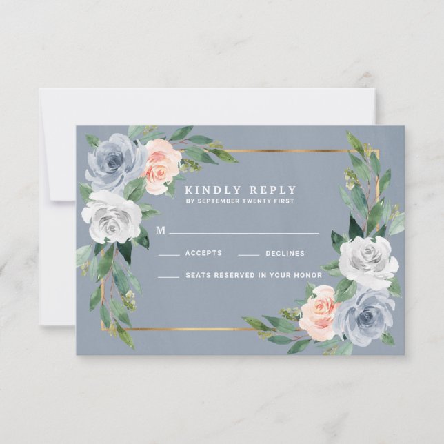 Dusty Blue Gold Blush Peach Wedding RSVP Cards (Front)