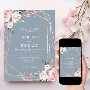 Dusty Blue   Gold   Blush Pink Floral   Wedding  Invitation