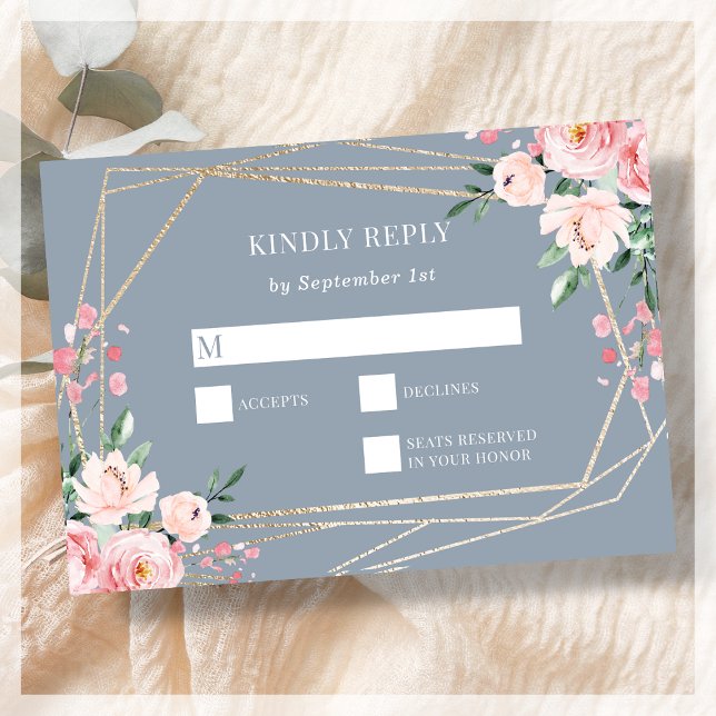 Dusty Blue | Gold | Blush Pink Floral Wedding  RSVP Card (Creator Uploaded)