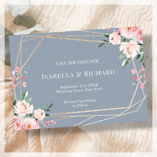 Dusty Blue   Gold   Blush Pink Floral Wedding  Save The Date